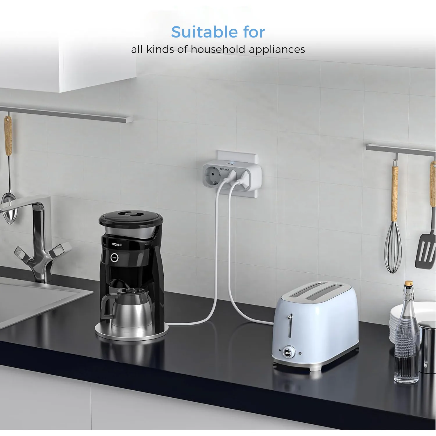 TESSAN Multi Wall Socket Extender with 2 USB Ports 2 Euro Sockets 1 Schuko Outlet Wall Double Plug Adapter for Home Office Room