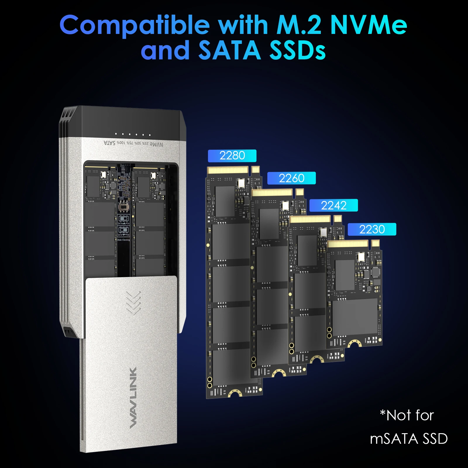 WAVLINK Caja de discos duros USB-C M.2 SSD Duplicador de doble bahía Compatible con NVMe Clon sin conexión con un clic USB3.2 Gen 2 4TBx2