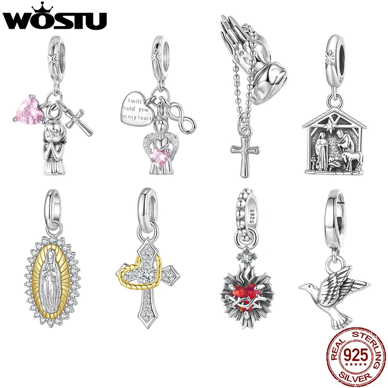 

WOSTU Религиозная серия из стерлингового серебра 925 пробы, молитвенные подвески, кулон с ангелом-хранителем, красное сердце, бусина, подходит для браслета, изготовление ювелирных изделий своими руками
