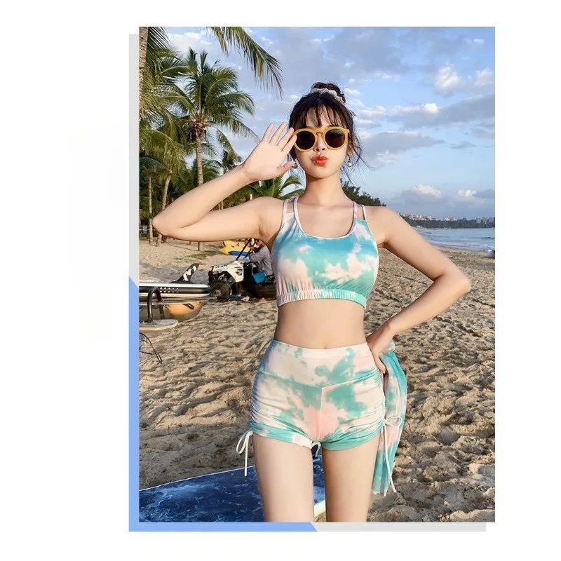 Sweet Tie Dye Three Piece Swimsuit Set with Sheer Cover Up Crop Top High Waist Shorts Modest Swimwear for Beach Pool Vacation - Image 3