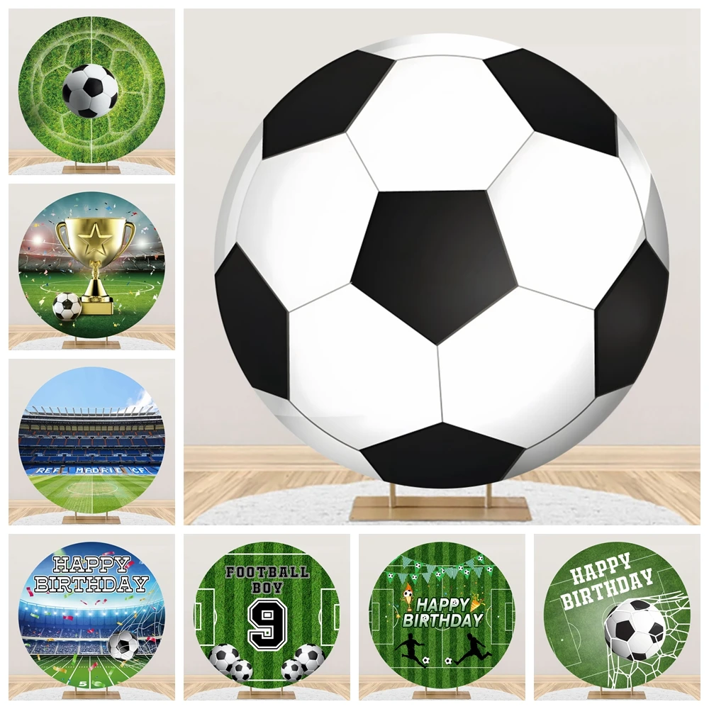 Soccer Photo Round Backdrop Cover Black White Sports Theme Football for Kid Boy Man Birthday Party Circle Photography Background