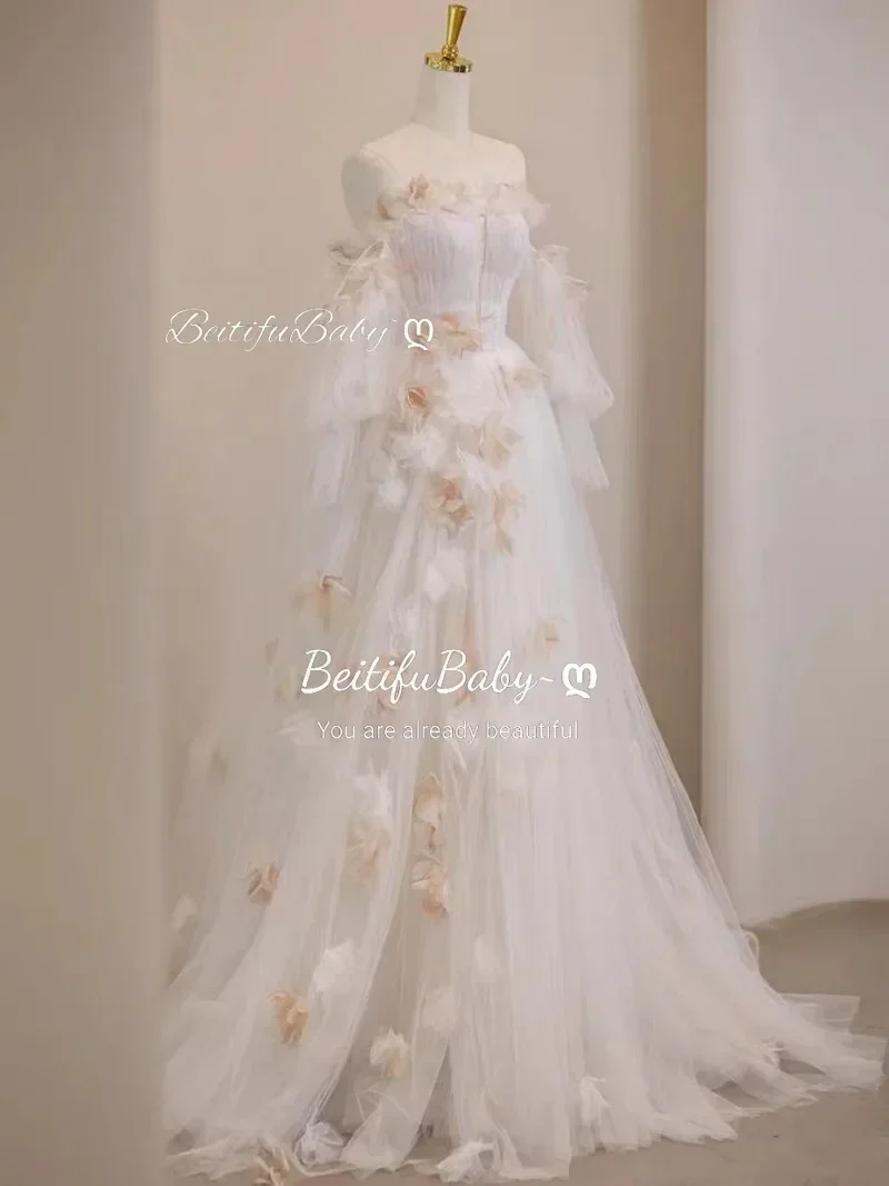 

Customized Strapless Princess Style Evening Party Dress for Women Yarn Long-sleeved Pleat Banquet Gown Prom Dresses Vestidos