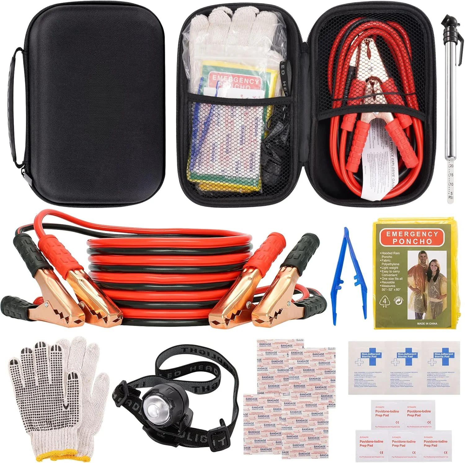 Roadside Assistance Emergency Kit Multi-Purpose Bag, Battery Jumper Cables Kit - For Cars - Vehicles - Trucks or SUVs