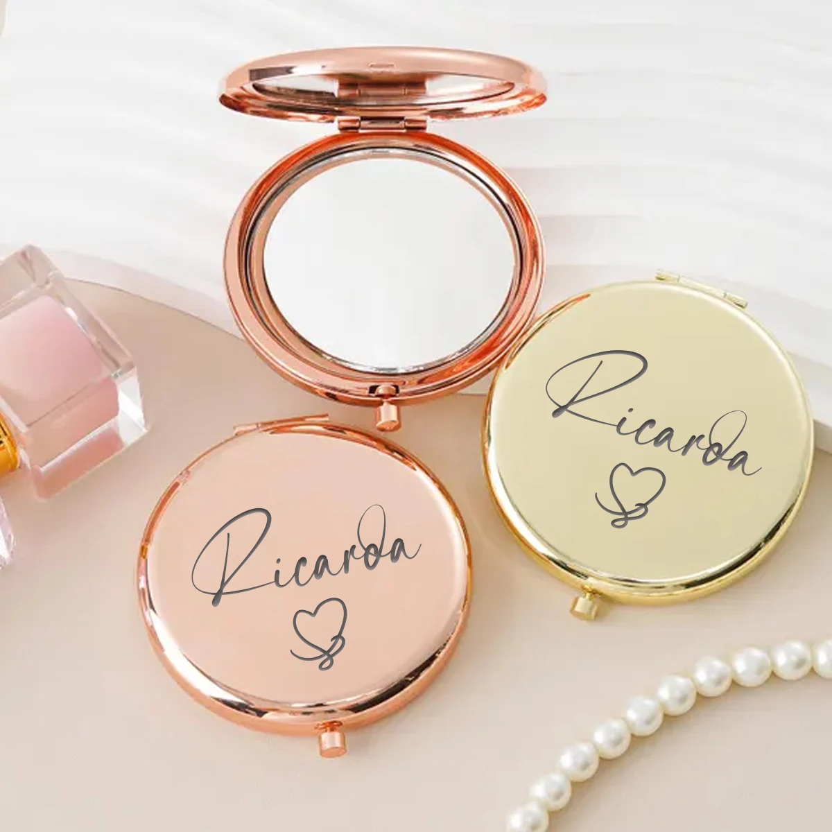 1pc Creative Ricaroa example Customized Name Makeup Mirror Folding Mirror Round Circle Mirror Birthday Gift image 5