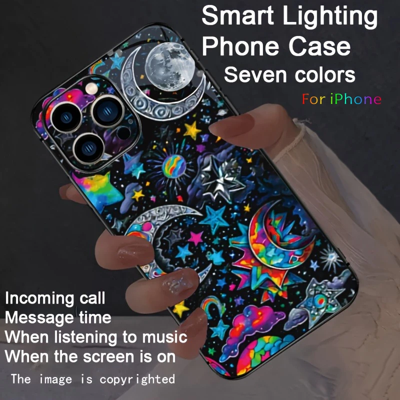 

Stylish Creative Star Moon Cloud Planets Tempered Glass LED Flash Phone Case For iPhone 17 Pro 16 15 14 Plus 13 12 11 Glow Cover