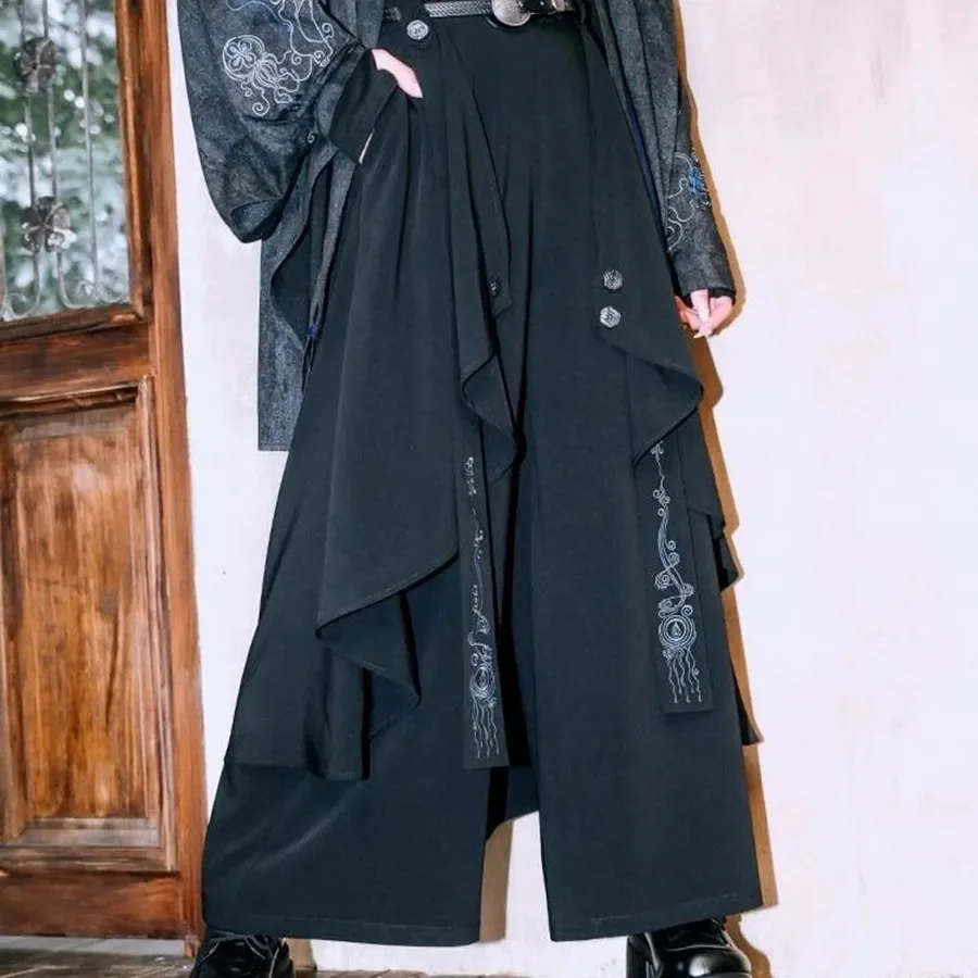 Vintage Layered Chinese Style Two-Piece Illusion Wide-Leg Skort Loose-Fit Trousers Casual Pants For Women Fashion 2025