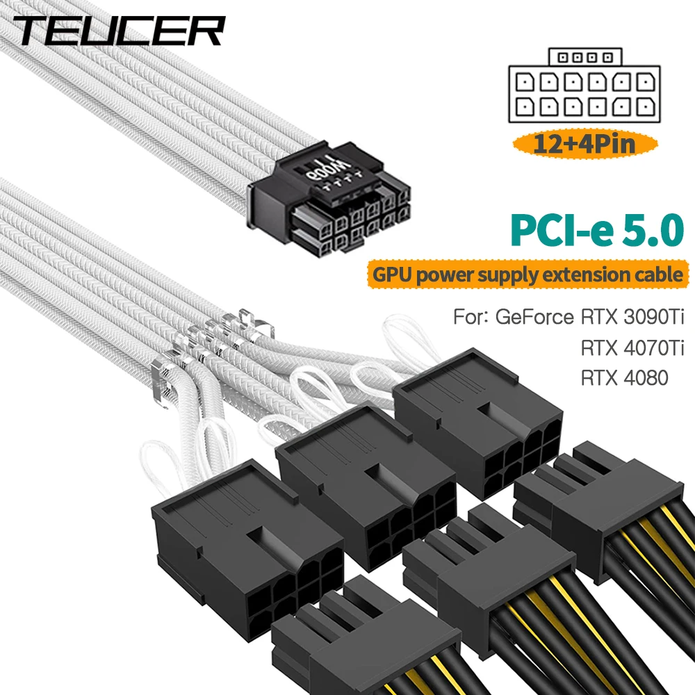 TEUCER-Cabo de extensão com mangas macho para fêmea, PCI-e 5.0, GPU, RTX, 3090Ti, 4070Ti, 4080, 4090, 340mm, 16(12 + 4) pinos, 3x8 6 e 2 pinos