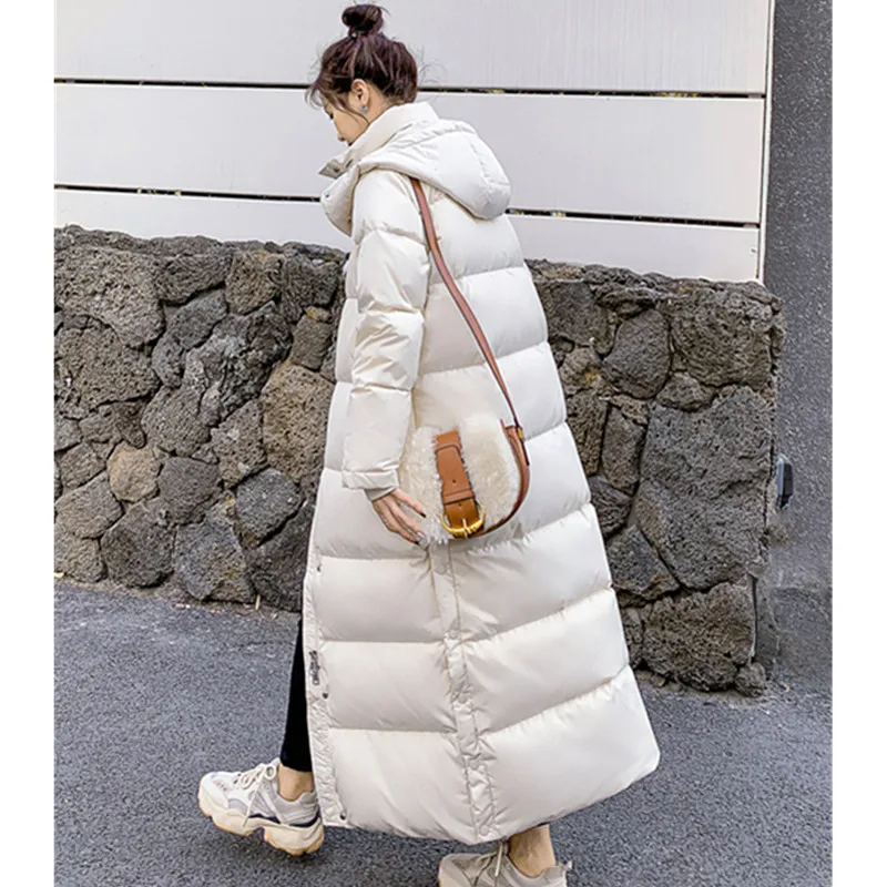 

2024 Winter New Korean Thicken X-Long Down Jacket for Women Hooded Extra Long White Duck down Coat Female Warm Parker Overcoat