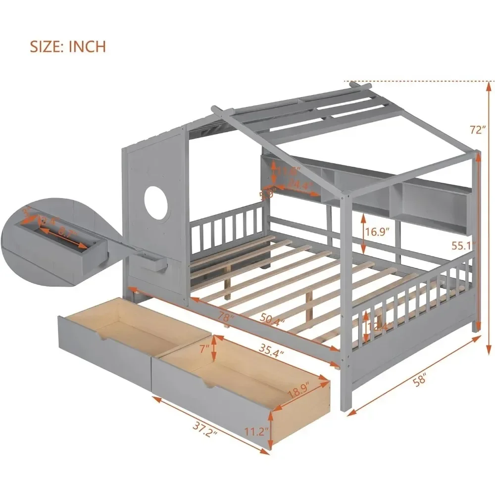 Full Size House Bed ,with Storage Drawers and Shelves, Wood Montessori House Bed Frame, Kids Playhouse Tent Bed