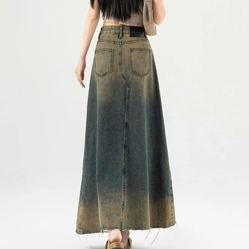 Vintage Plus Size Denim Skirt Women Spring Summer 2024 New Fashion High Waist Loose Ripped Hot Girl A Medium Length Jeans Skirts