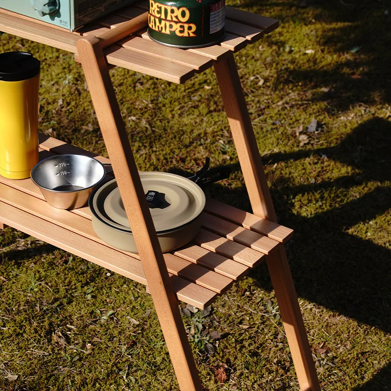 Outdoor Storage Rack Camping Double-Layer Storage Shelf Solid Wood Triangular Hanging Rack Storage Shelf