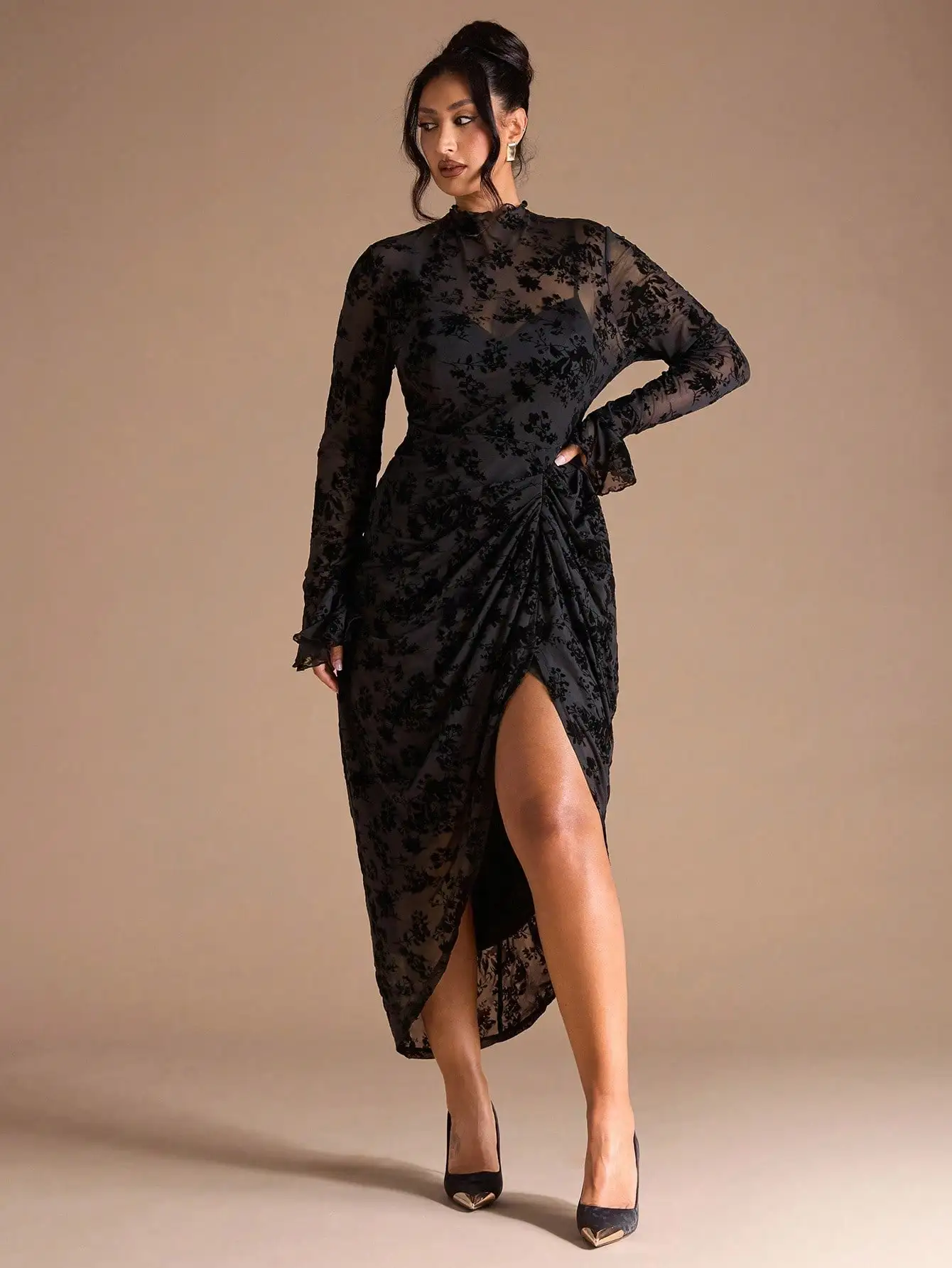 Plus Size Damen Frühherbst Flocked Flared Sleeve Stehkragen Split Plissee Kleid/Hochzeitsgast Kleid Damen,Hochzeit