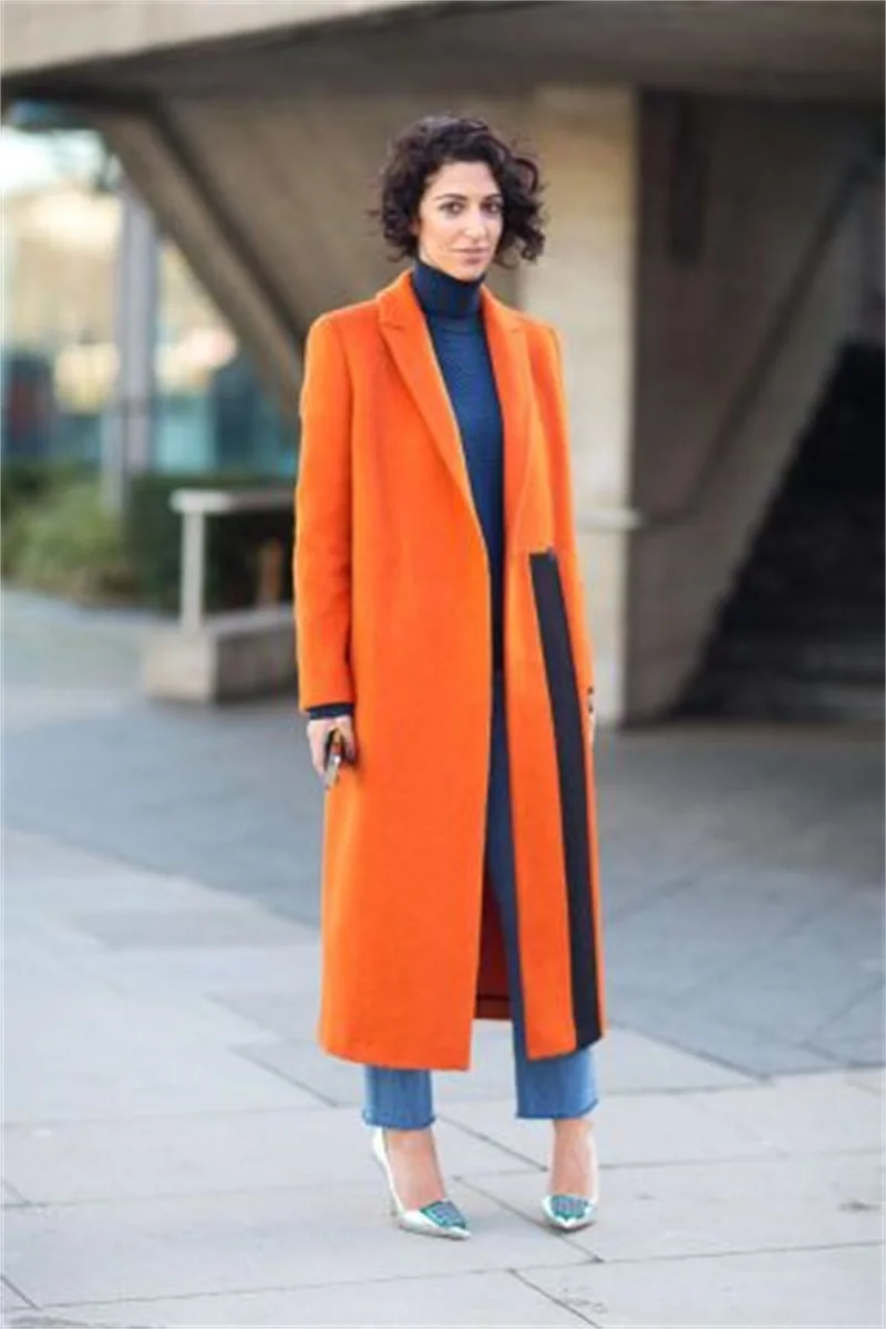 Designer Oranje Wollen Vrouwen Overjas Pak Custom Made Fall Winter Dikke Lange Blazer Trenchcoat Splicing Kleur Jas Outfit