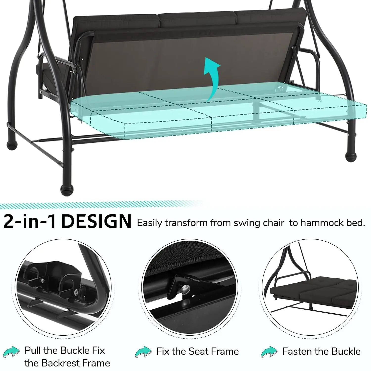 Adjustable Backrest Porch Swing, 3 Seat Patio Daybed with Canopy, Convertible Outdoor Swing with Cushions, Customized