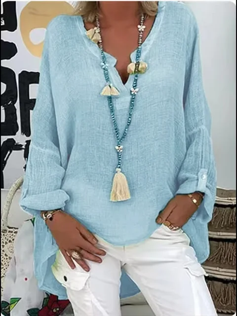 6-kolorowa luźna koszula damska Casual Solid Color Top Wiosna Jesień Bluzka z długim rękawem i dekoltem w szpic