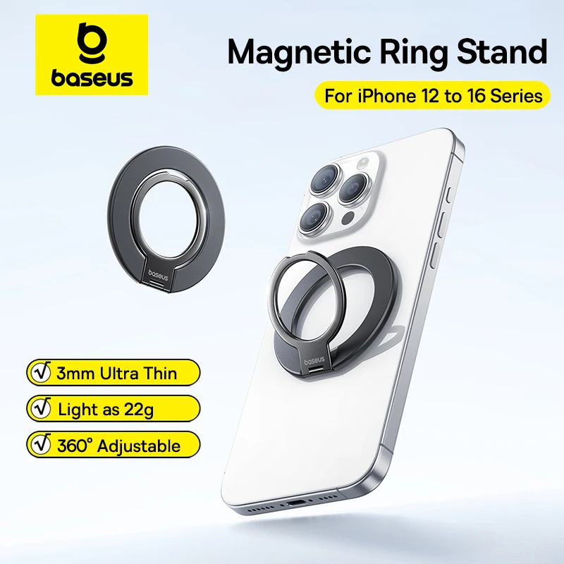 حامل هاتف مغناطيسي من Baseus MagPro حامل حلقي رفيع للغاية لهاتف iPhone 17 Air 16 15 Pro Max 360 °   دوران حامل الهاتف الخليوي المحمول