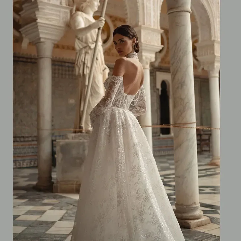 تخصيص رشيقة الدانتيل ألف خط فستان الزفاف الحبيب ثوب العروس أنيقة كم كامل فستان الزفاف مخصص فيستدو #1