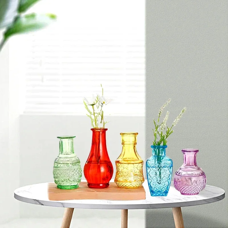 Retro Embossed Small Vase, Nordic Colorful Transparent Glass Hydroponics Plant Containers, Wedding Party Desktop Ornaments, Gift