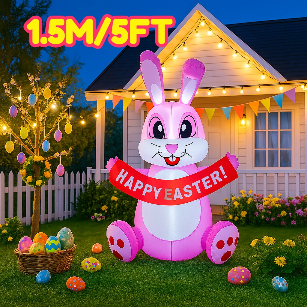 5FT Happy Easter Inflatable toy  Pink Rabbit Pull Banner Decor Built-in LED Light Airblown Outdoor Party Easter Prop Decorations