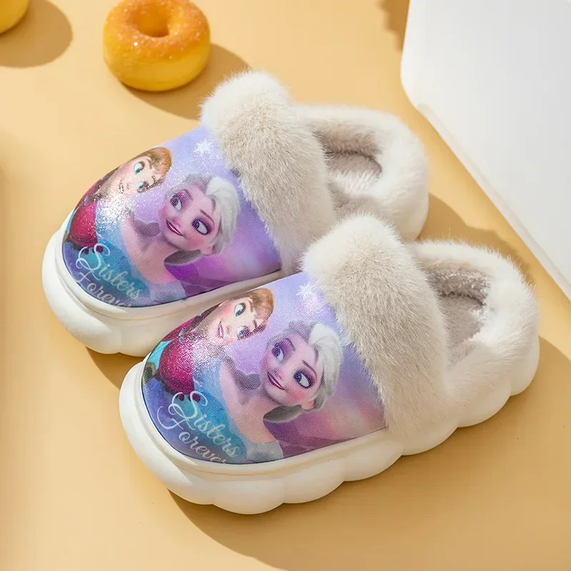 Disney Autumn/Winter Princess Elsa Anna Cartoon Print Plush Cotton Slippers Kid's Home Non-slip Warm Casual Indoor Cotton Shoes