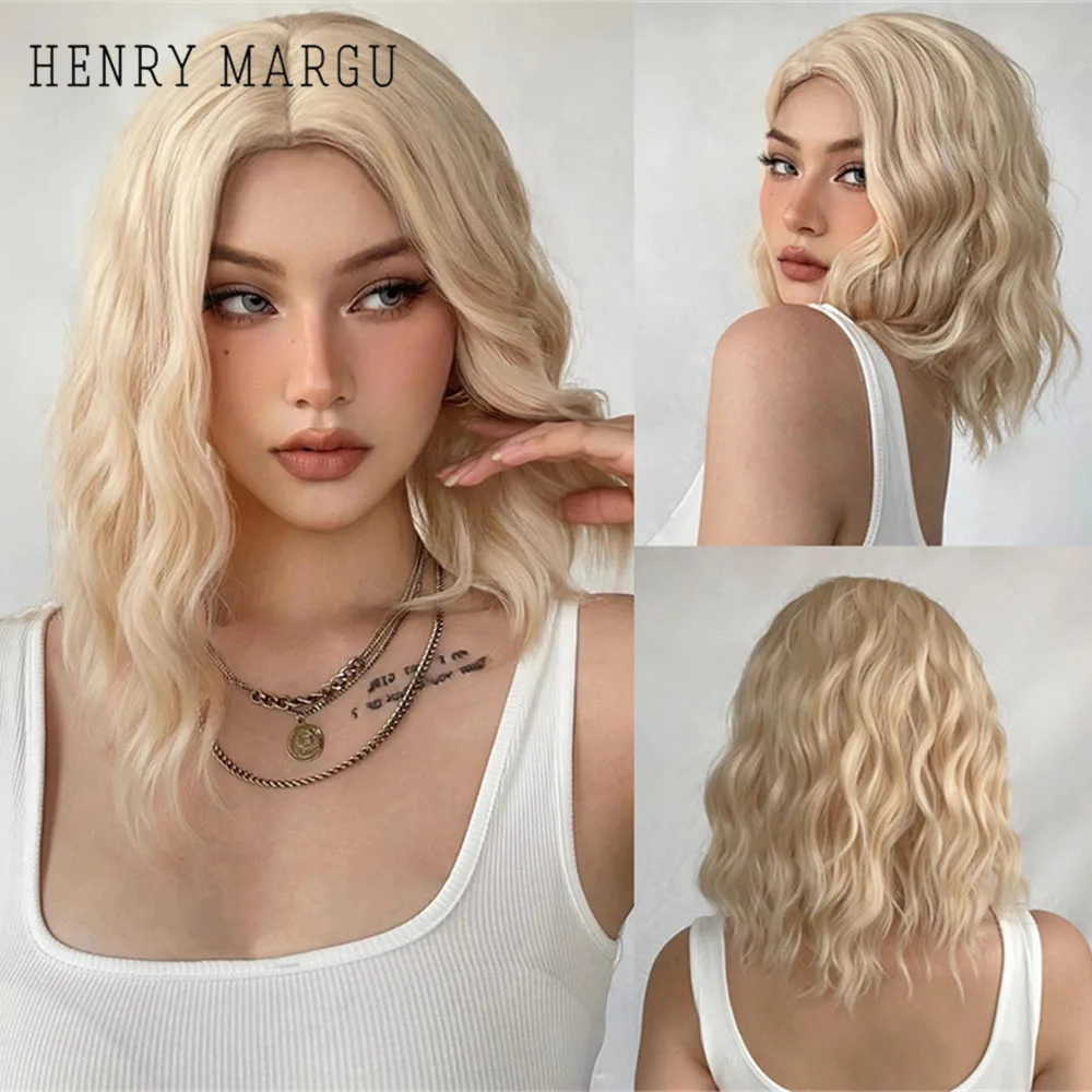 HENRY MARGU Platinum Blonde Short Curly Synthetic Wigs Short Wave Bob Hair Wigs Middle Part Natural Hairline Wig Heat Resistant