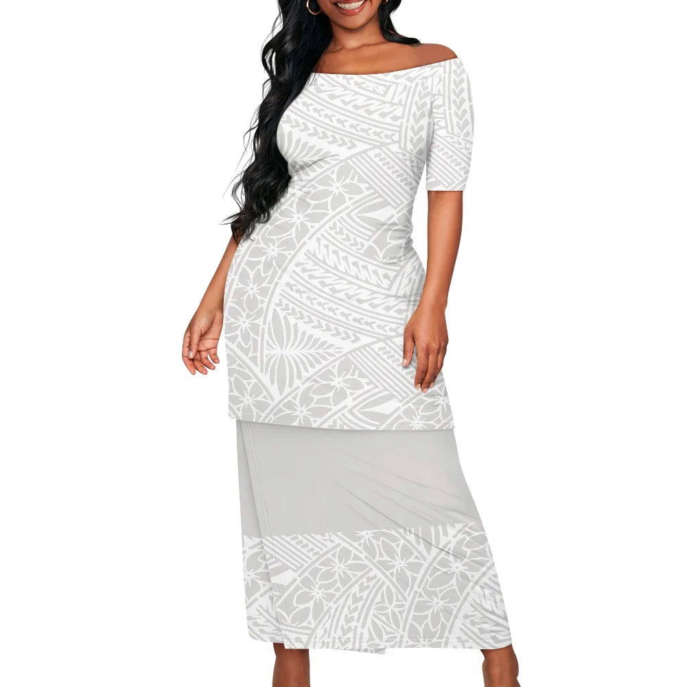 

Summer Islander Women Puletasi Samoa Dresses Lady Short Sleeve Off shoulder Two Piece Set Polynesian Tribal Clothing White Print