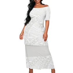 Vestidos de manga corta con hombros descubiertos para mujer, conjunto de dos piezas, ropa Tribal polinesiana, estampado blanco, Verano