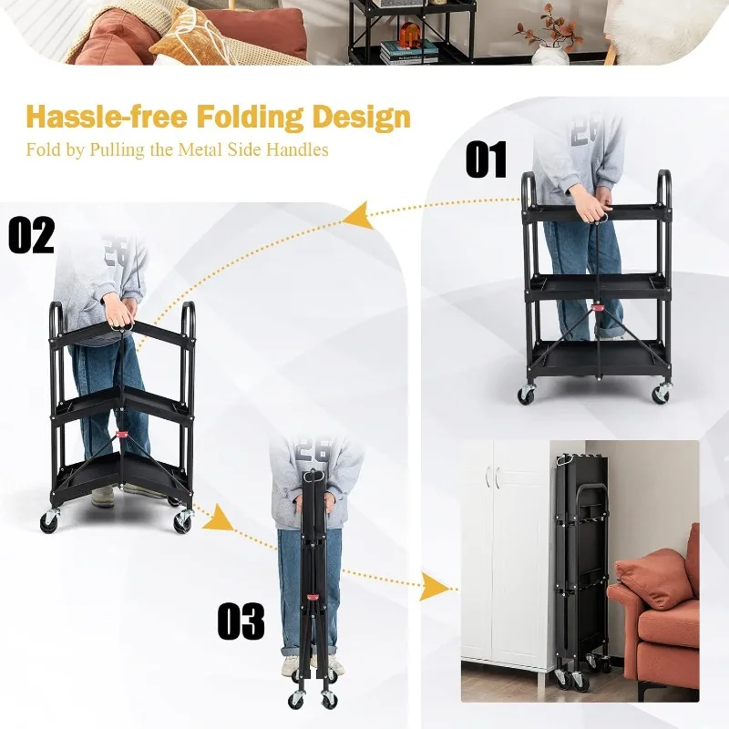 Goplus Folding Utility Cart, 3-Tier Rolling Tool Cart w/Lockable Wheels, Divided Storage Compartments, Collapsible Metal