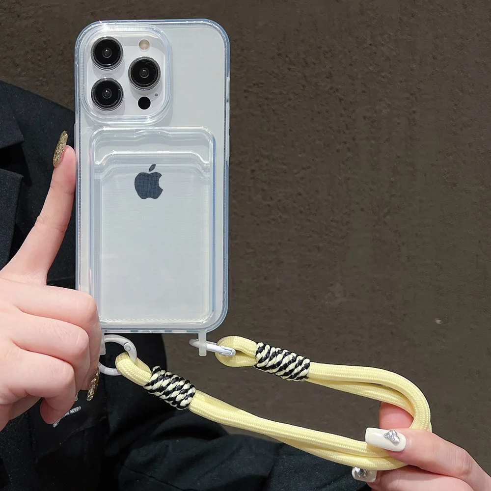 럭셔리 소프트 카드 백 폰 케이스 아이폰 16 프로 맥스 12 14 플러스 XS XR 7 8 투명 범퍼 컬러풀 랜야드 로프 커버