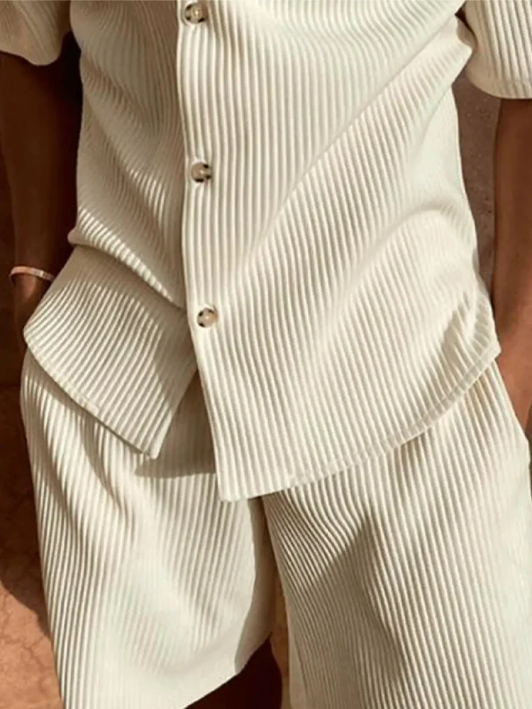 Spring/Summer suit Solid color corduroy shorts sleeve shirt and shorts stretch beach casual suit