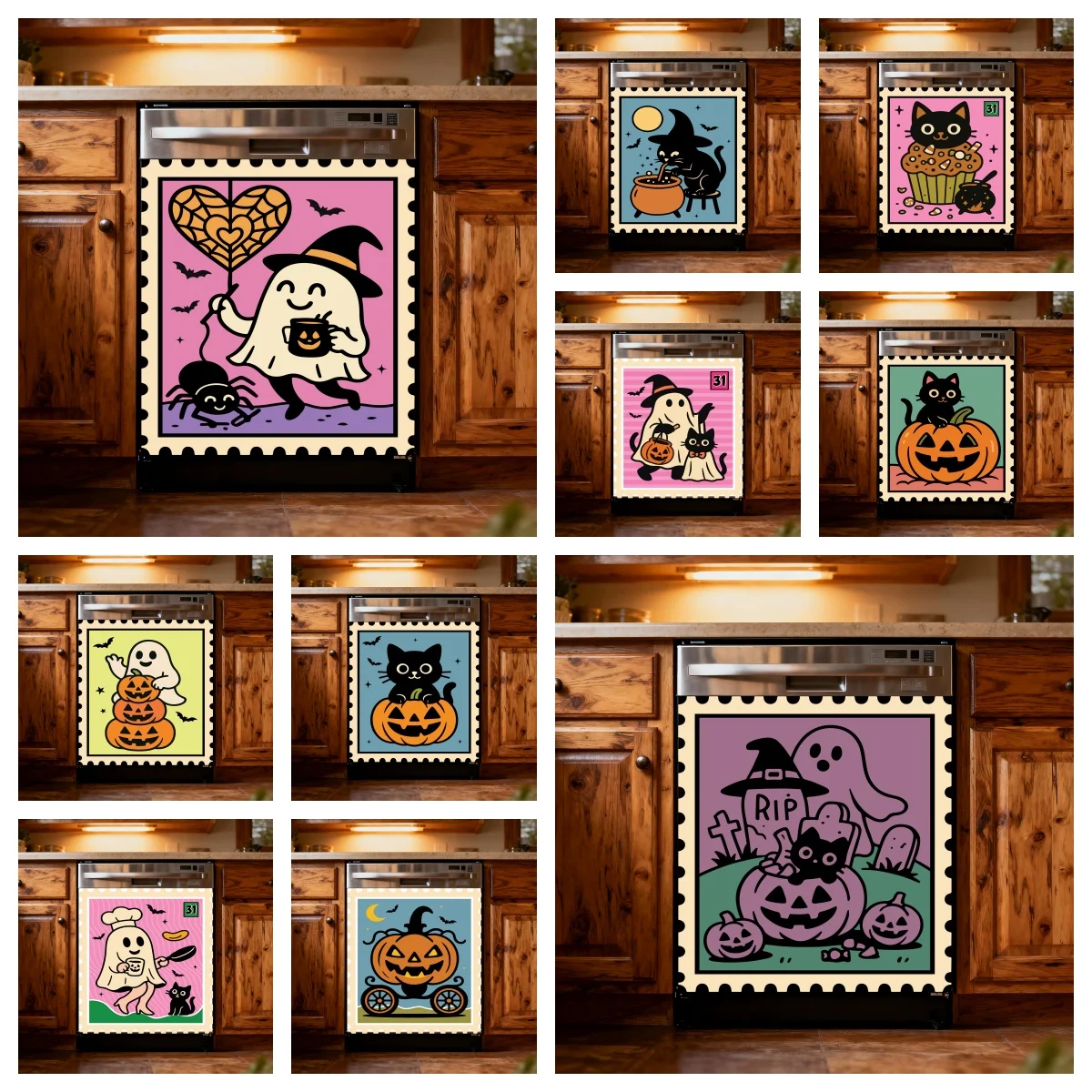 Stamp Border Cartoon Halloween Appliance Decal Self‑Adhesive Vinyl Waterproof Oil‑Proof Dishwasher Washing Machine Door Decor