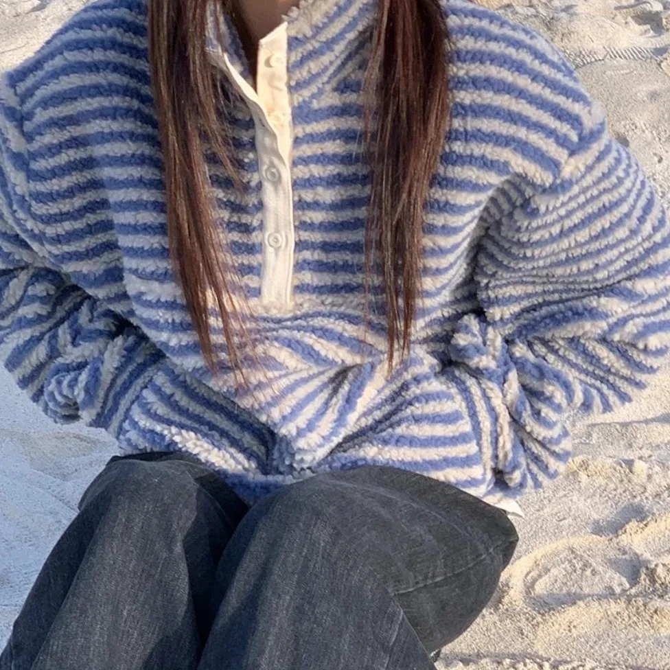 

Chic Autumn Winter Anti-Aging Retro Design Stripe Plu Fce Jaet Cotton Sweatirt Korean Sle Straight Cut Long Sve