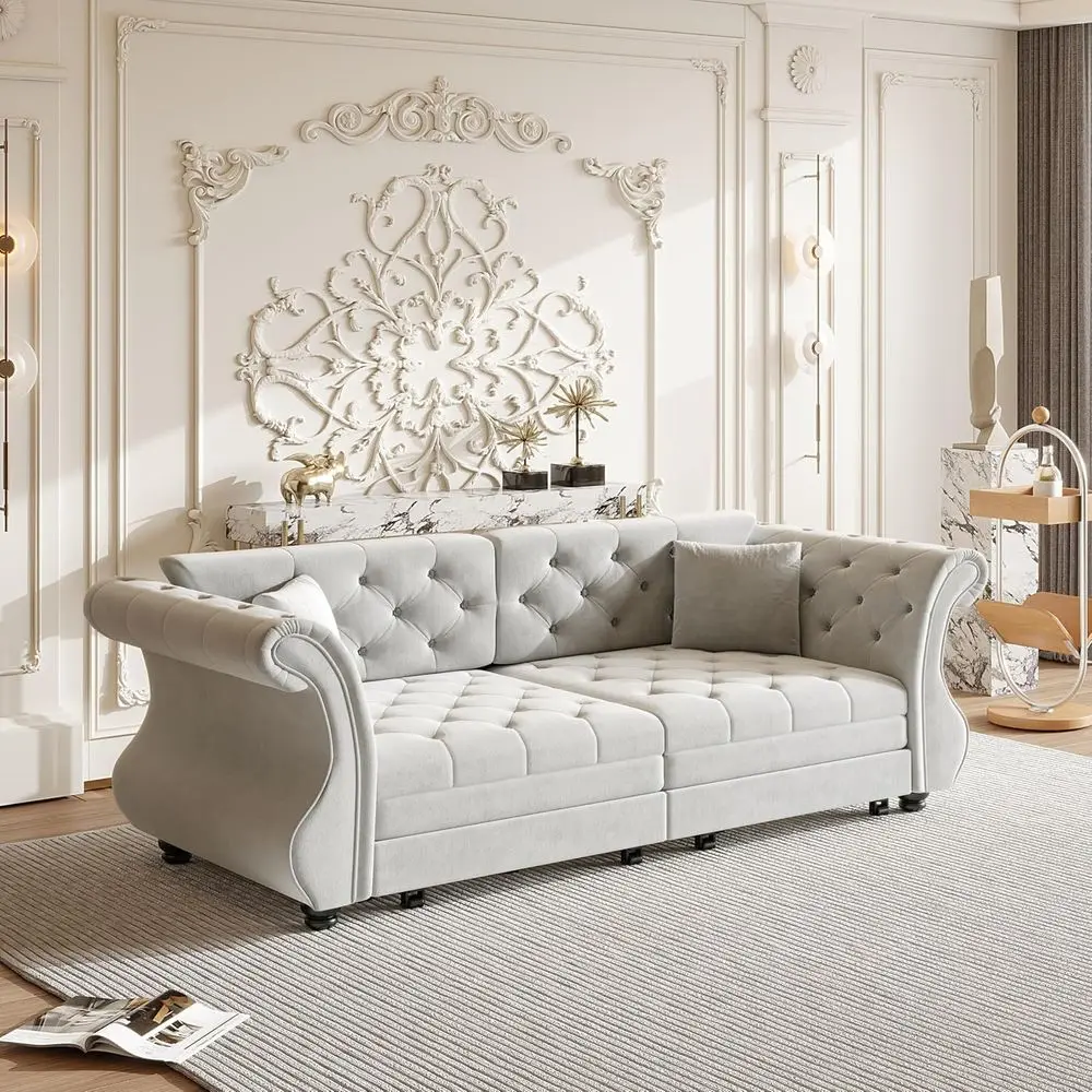

Queen Size Velvet Convertible Sleeper Sofa with Pull Out Bed, Chesterfield Style, Deep Seat Loveseat, Light Gray, Breathable Fab