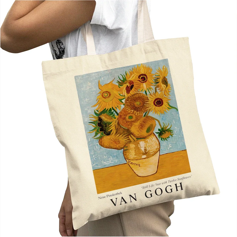 

2026 new Natural Canvas Tote Bag Van Gogh Sunflowers Print Reusable Shoulder Bag Casual Eco-friendly Tote for Art Lovers