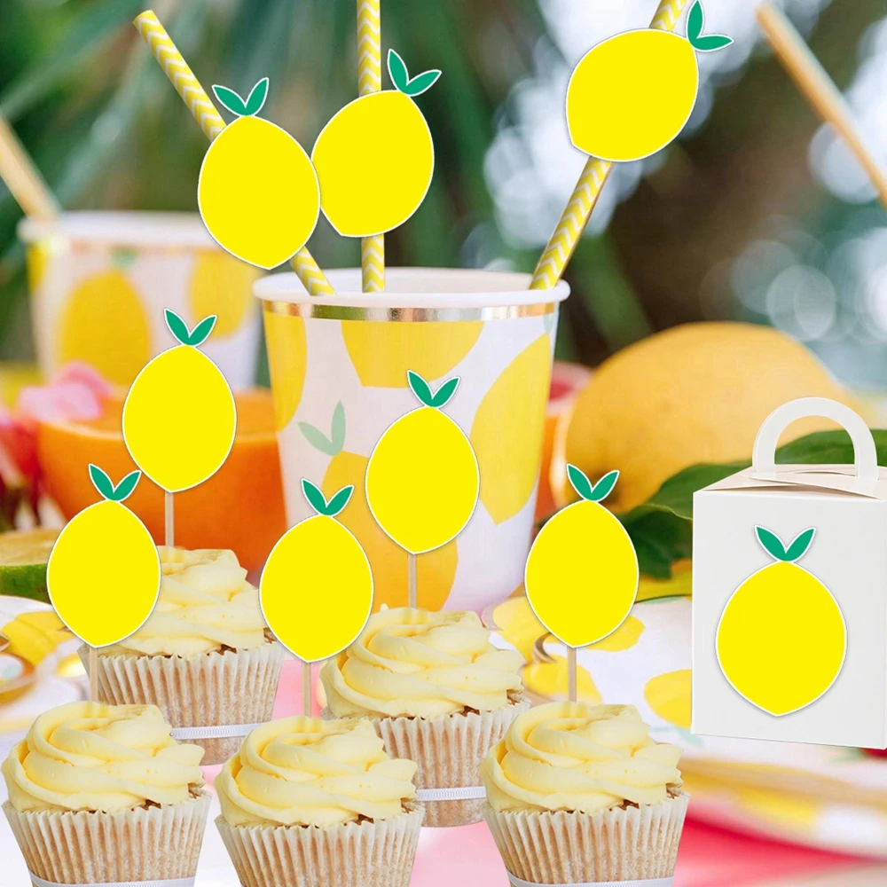 1set Lemon Paper Banner Cake Toppers Disposable Straws for Summer Lemon Themed Happy Birthday Pool Party Decoration Supplies