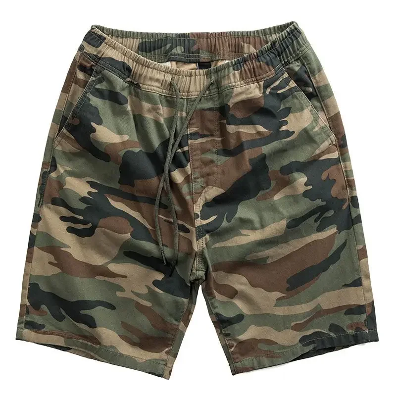 Pantalones cortos Cargo para hombre, Bermudas de camuflaje con cuerda de dibujo, Harajuku desgastado, diseño suelto, cintura elástica