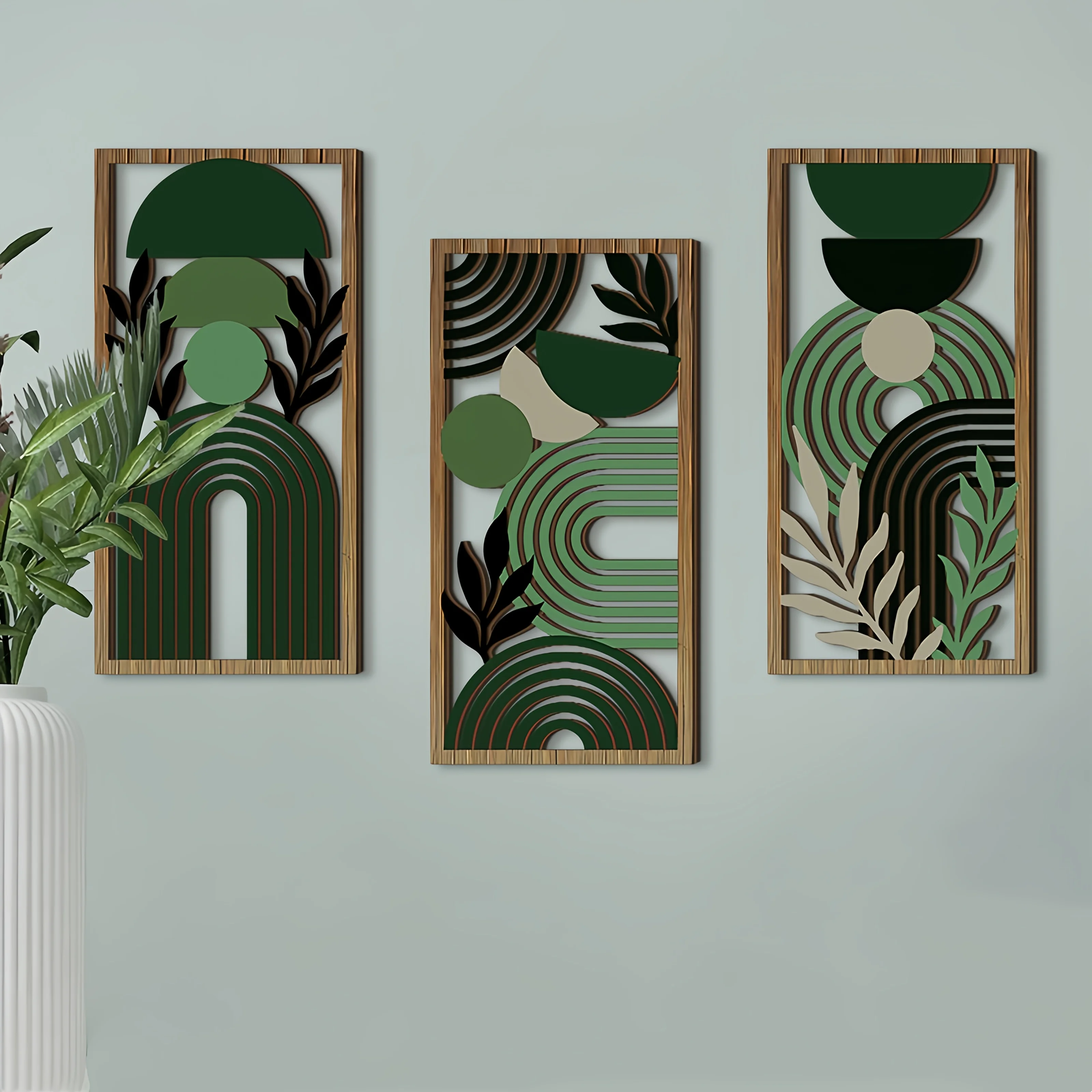 Three-piece hollow wooden wall decoration, rural style bedroom and living room hanging piece, bohemian style wall painting