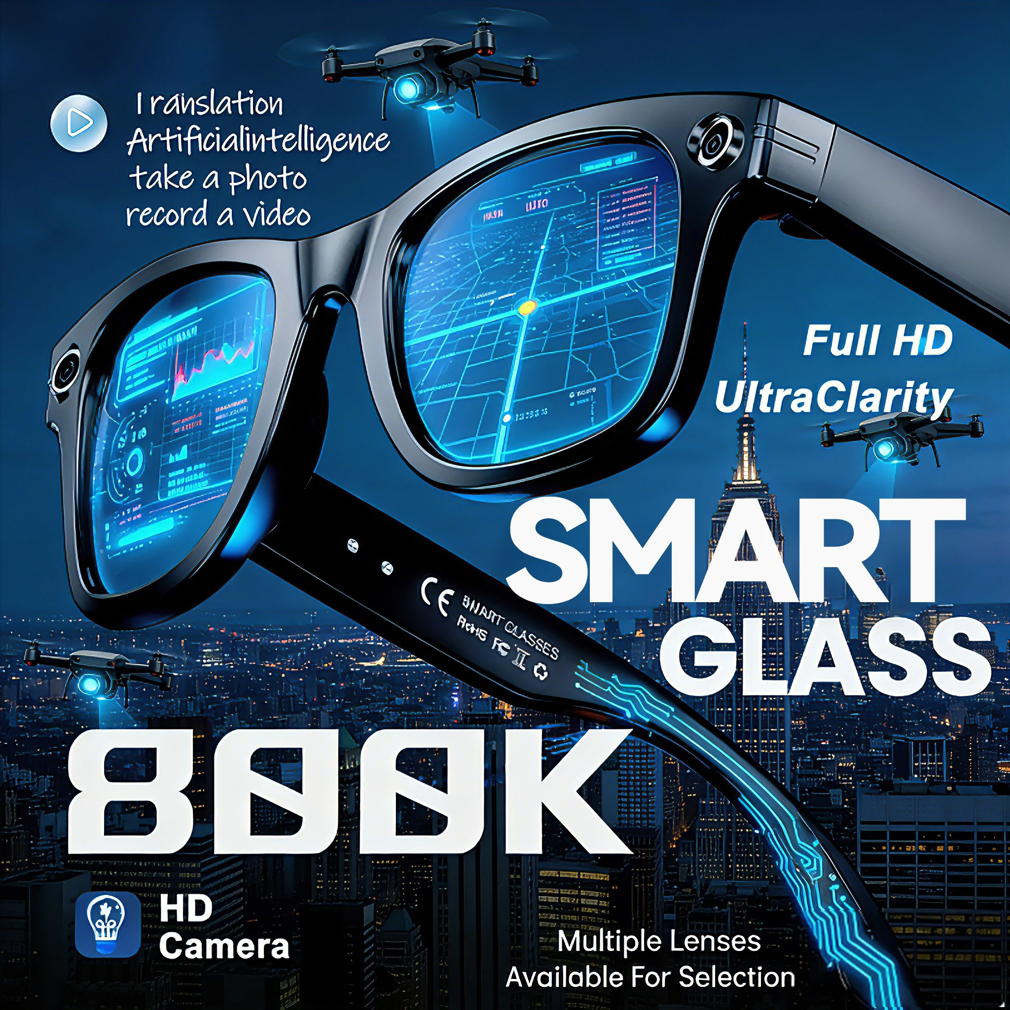 

Новые умные очки 2026 года с камерой, записью видео, распознаванием фото на базе ИИ, Bluetooth-звонками, голосовым переводом, солнцезащитные очки для мужчин и женщин