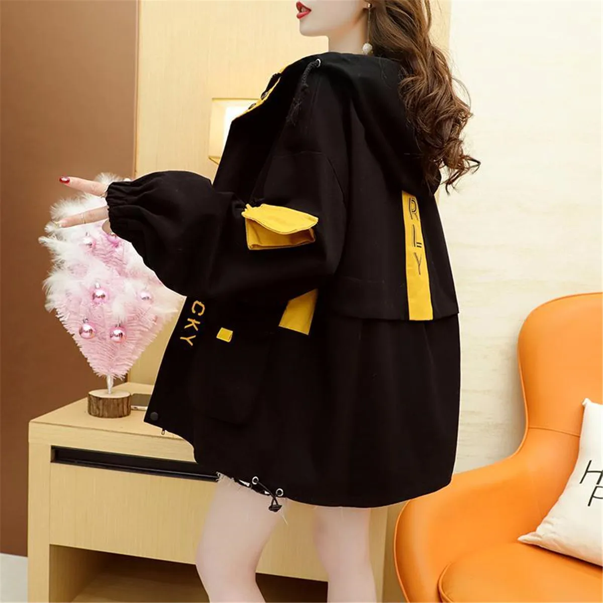 Cool Black Work Jacket Harajuku Streetwear Kpop Hoodie Women Anime Tops Vintage Ulzzang Autumn Boyfriend Patchwork Jacket Femme