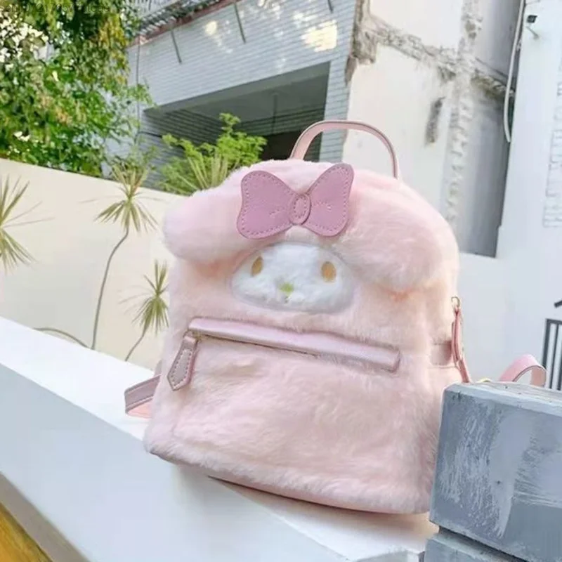 Sanrio Cinnamoroll Melody Y2k New Cotton Plush Furry Trendy Harajuku Woman Backpacks Cute Lolita Bowknot Fairy 2000s Schoolbag