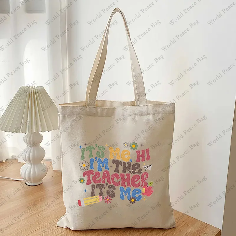 1 Pc Hi Its Me Im The Teacher Pattern Tote Bag Back To School Gift for Teacher Canvas Shoulder Bag for Travel Daily Commute Wome