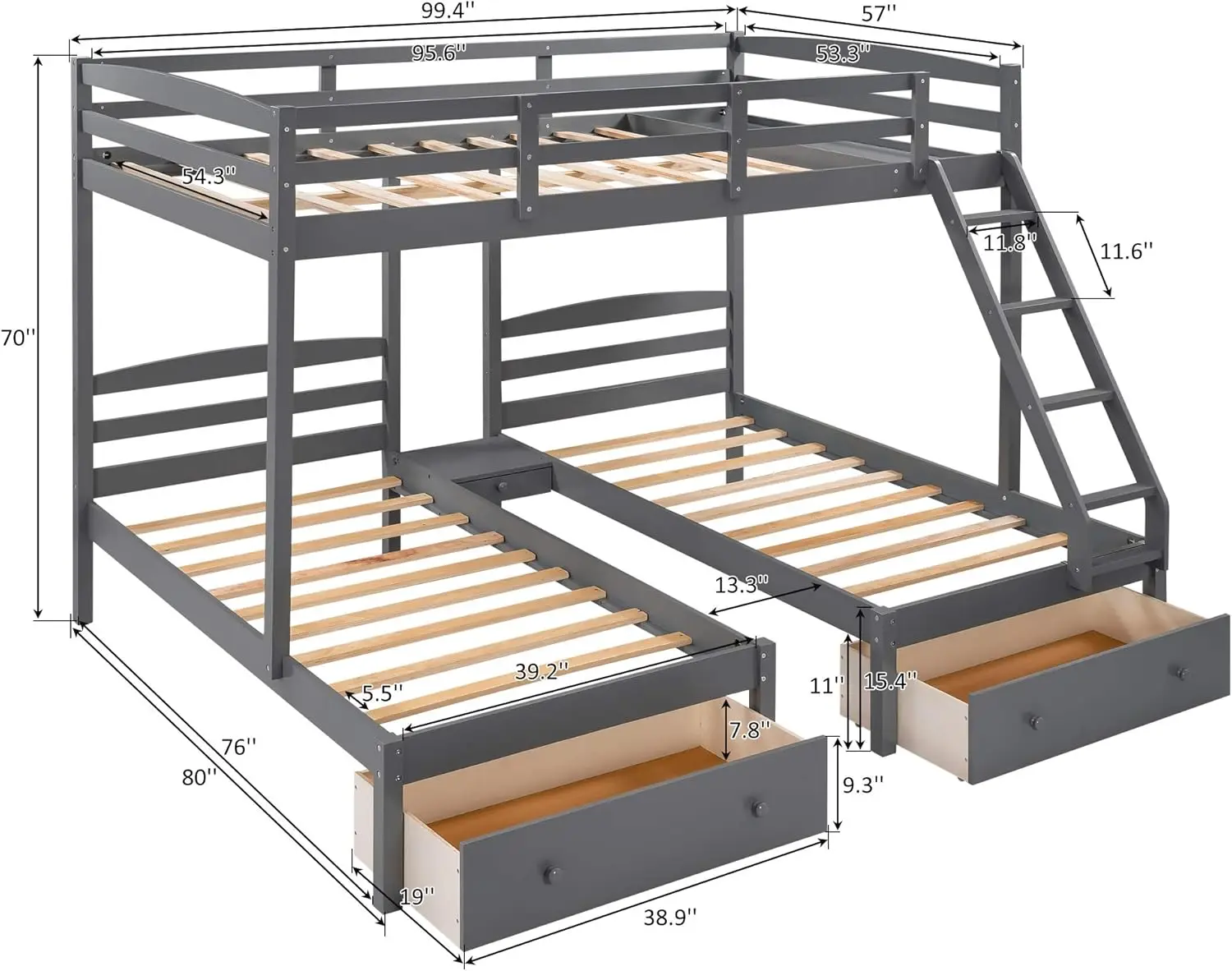 Triple Bunk Bed Full Over 2 Twin Bunk Bed with 3 Drawers and Guardrails, Bunk Bed for Family, Teens, No Box Spring Needed