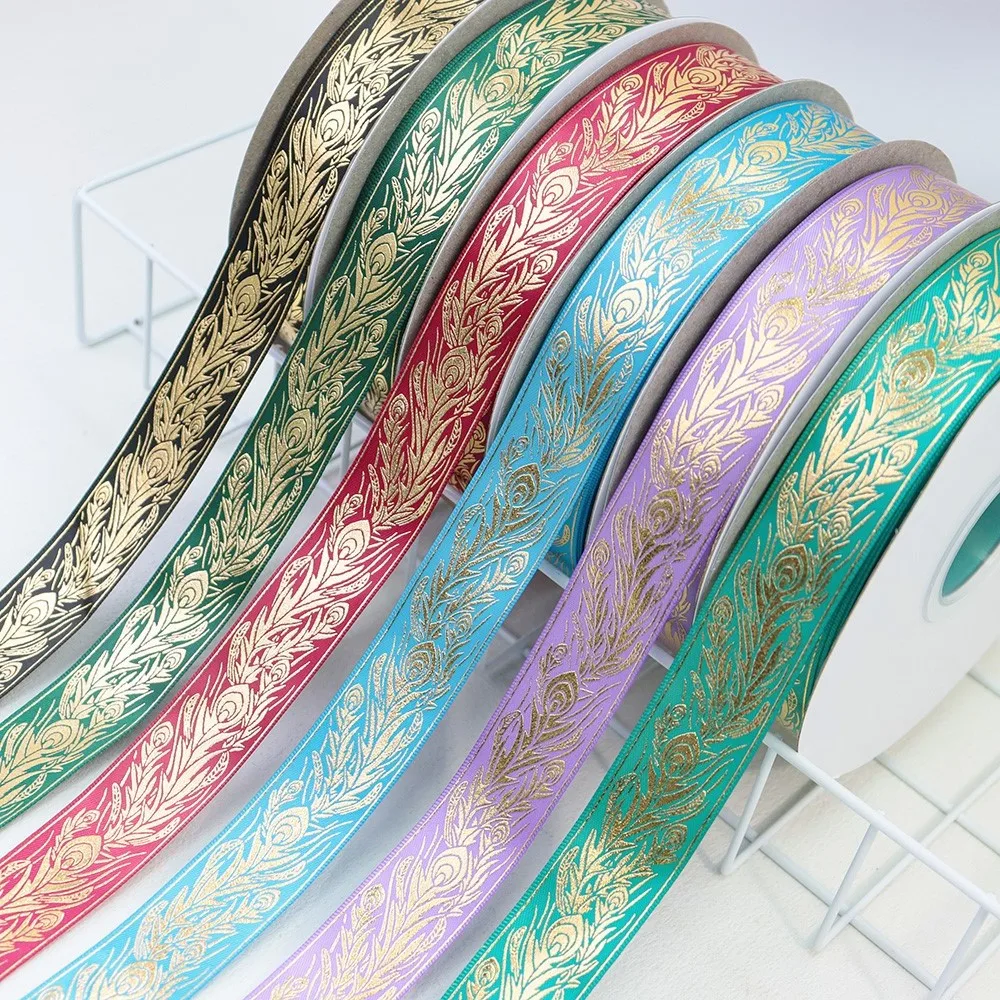 1'' 25mm Gold Foil Phoenix Peacock Feathers Printed Satin Ribbon For Hair Bows Gift Wrapping DIY Sewing Accessories