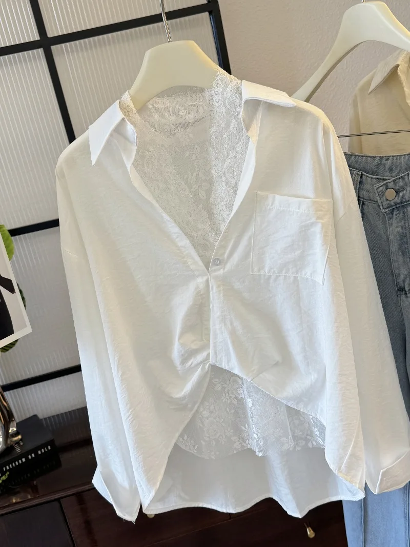 Francuski styl Elegancka dwuczęściowa koszula damska Wiosna Nowa koronkowa kamizelka z dekoltem w szpic Kołnierzyk z długim rękawem Kieszenie Koszule Temperament