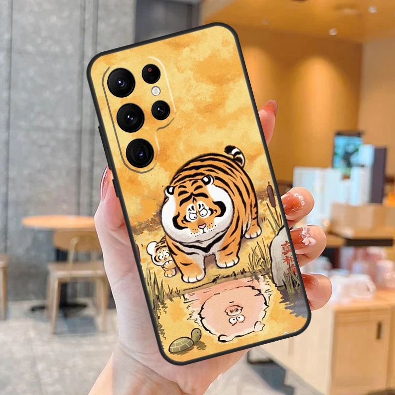 Cartoon Fat Tiger Case For Samsung Galaxy S23 S22 Ultra S20 S21 FE S9 S10 Note 10 Plus Note 20 Ultra Cover