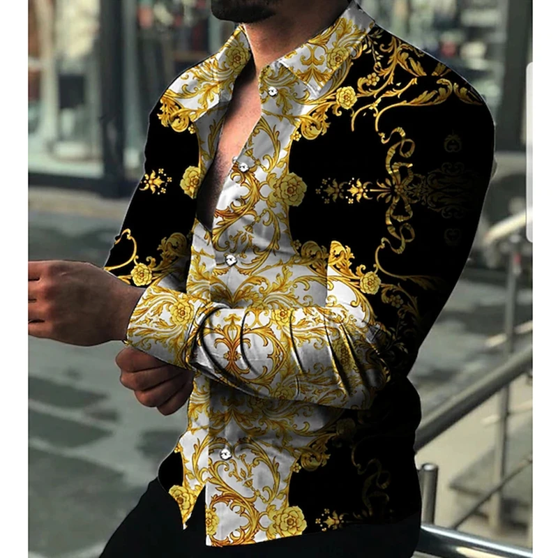 

NEW Fashion Luxury Social Men Long Sleeve Shirts Turn-down Collar Buttoned Shirt Men's Party Clothing Casual Flower Print Tops