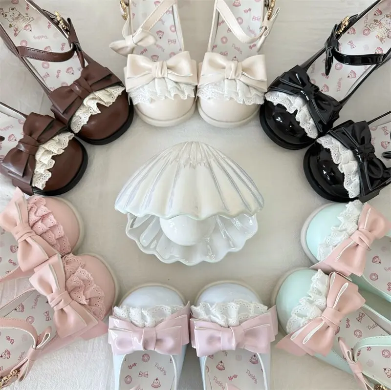 Japanese Original Kawaii Lolita Bow Single Shoes Soft Girl Big Head Doll Round Head Sweet Cute High Heel L Shoes Women Lo Shoe