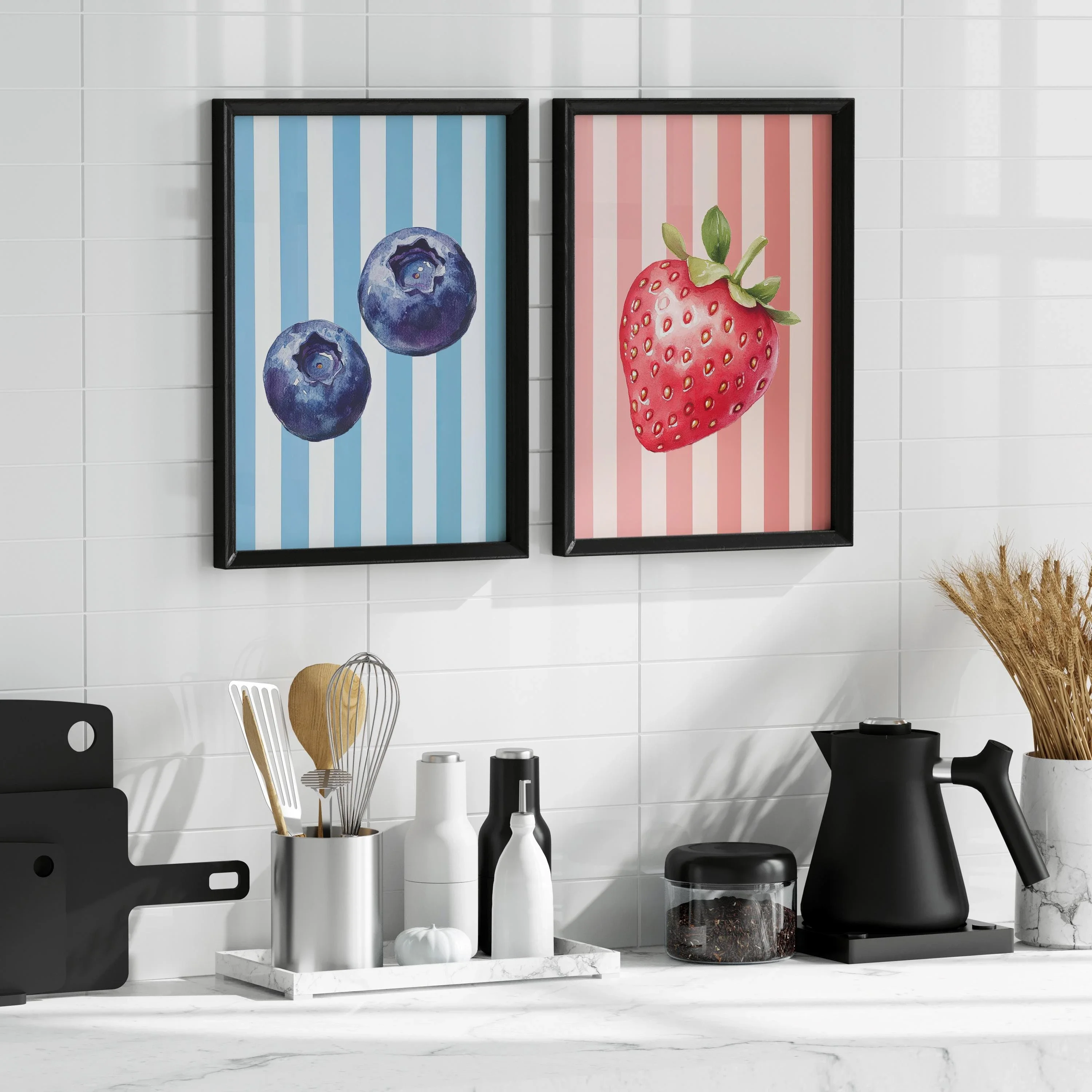 2pcs frameless Canvas Painting 2pcs Stylish Kitchen Fruit Posters Minimalist Fresh Strawberry Blueberry Frameless Canvas Art for