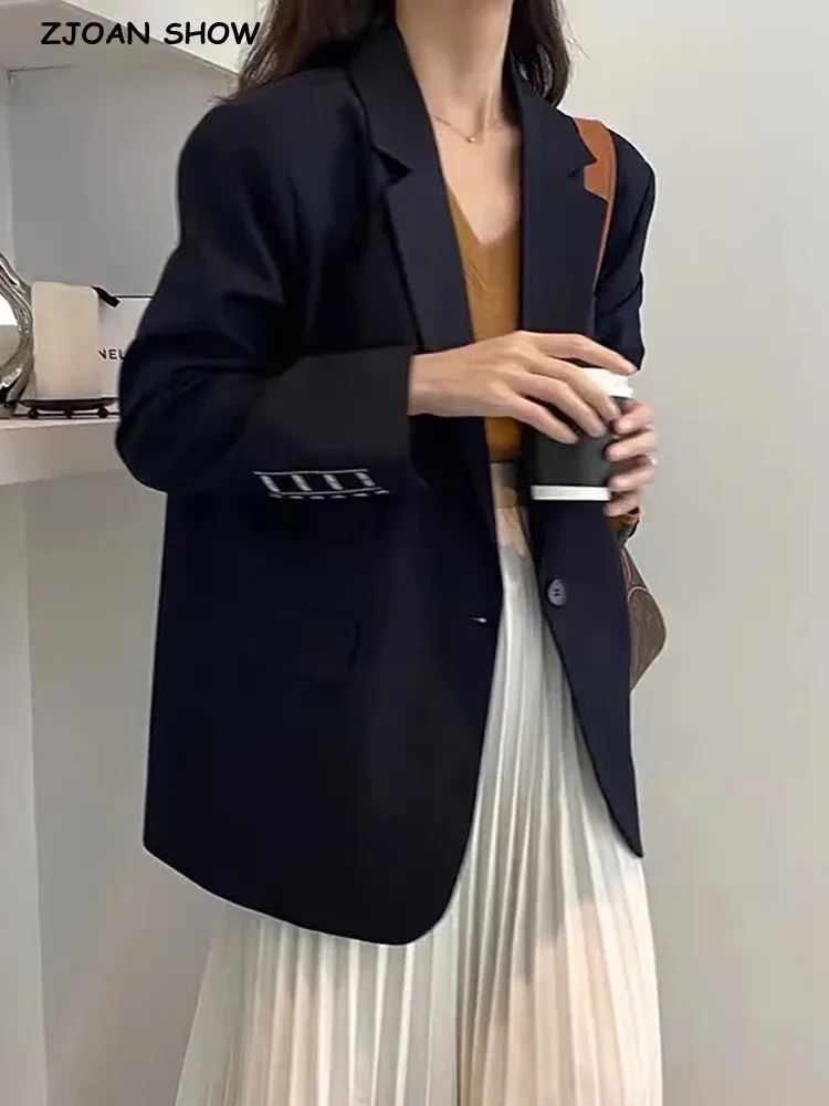 2022 Spring Autumn Navy Bright Line Cuff Blazer Boyfriend Vintage Women Front Pockets Loose Suit Fashion Coat