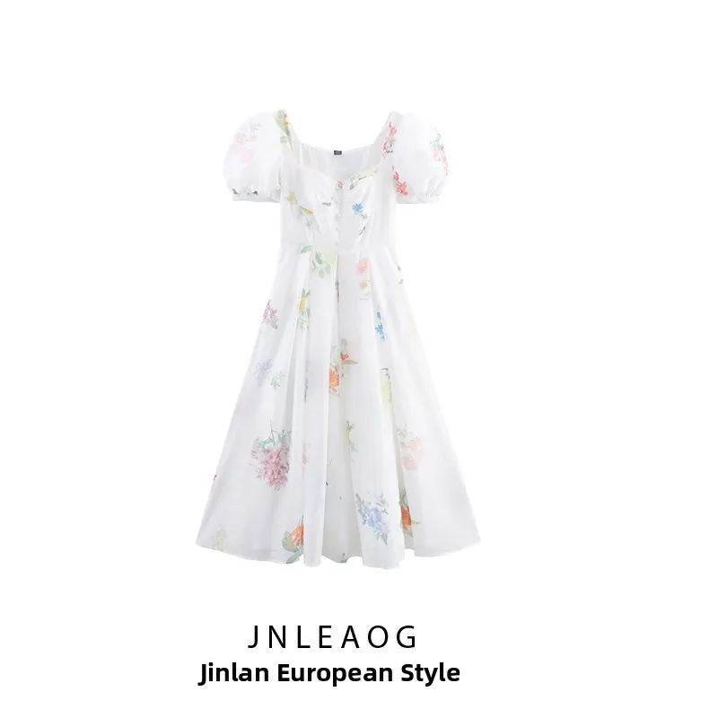 JNLEAOG 秋の新作レディースファッションデザインシフォンオージープリントカップドレスハイウエストストレートチューブトップレスシングルボタン